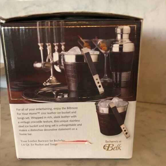 BILTMORE Leather Wrapped Ice Bucket with Ice Tongs Set - Picture 5 of 13